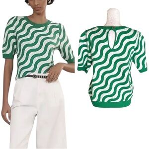 Anthropologie Maeve Harmony Green White Wavy Striped Jacquard Sweater Tee - L